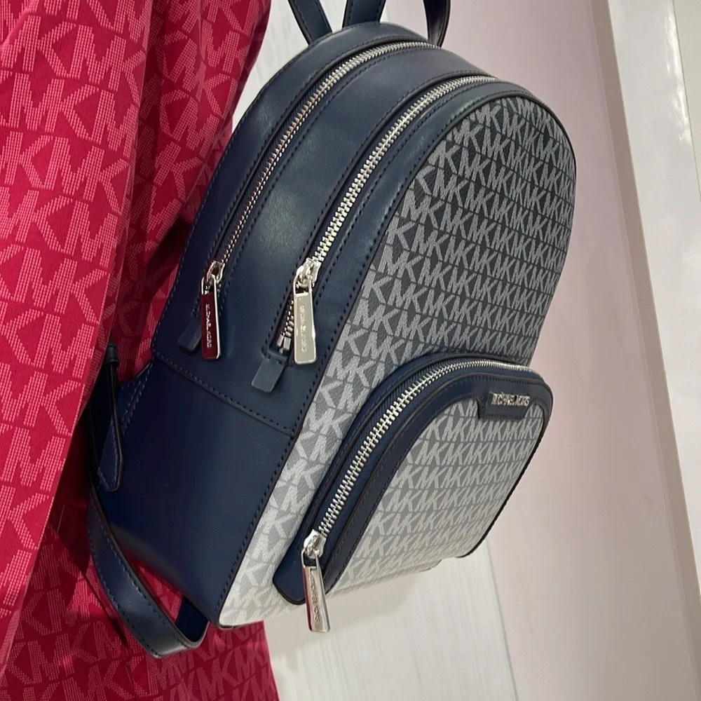 MICHAEL KORS Jaycee Medium Ombré Signature Logo Zip Pocket Backpack Navy NWT